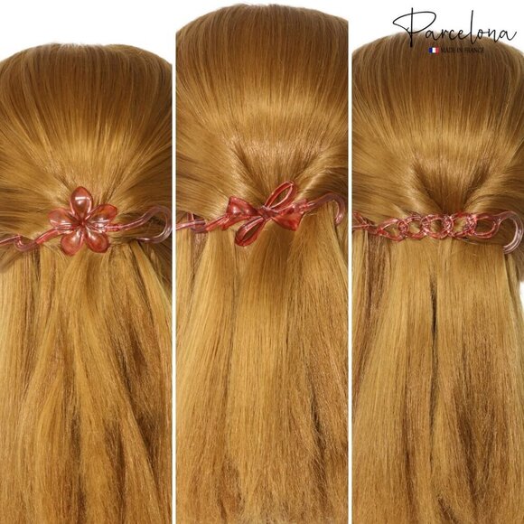 French Hair Clips Set of 3 Crystal Pink Celluloid Bow Flower Chain Non Slip main image 4